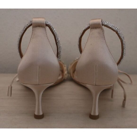Badgley Mischka Women Sz 6.5 Nude Satin Blossom Ankle Tie Embellished Sandal - Picture 10 of 16
